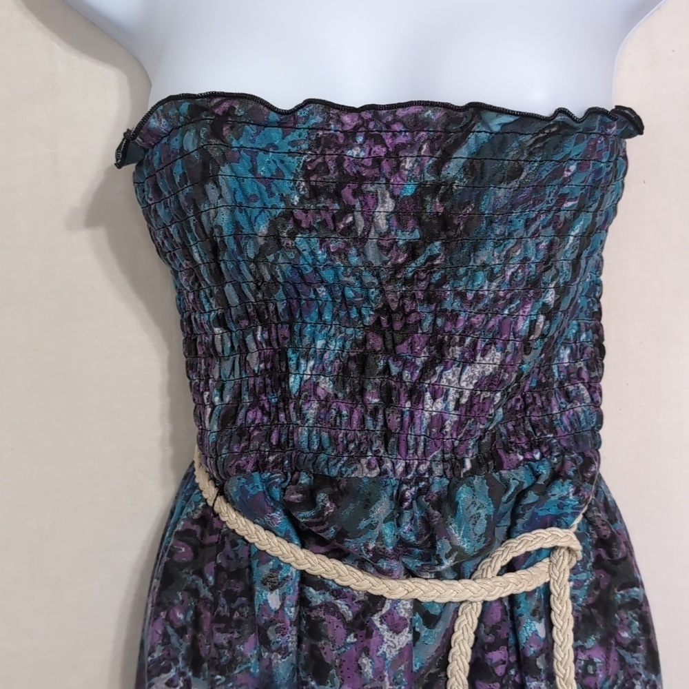 y2k No Boundaries Blue Purple Smocked Strapless Dress with Cord Waist Tie Size M - Picture 3 of 6